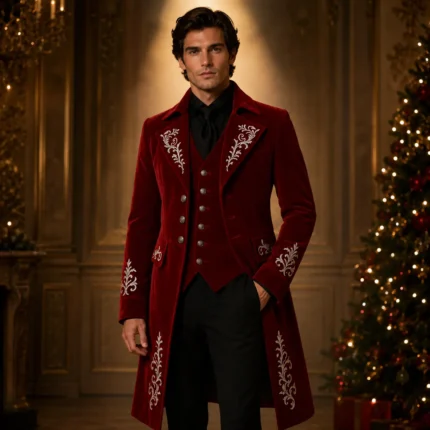 Mens Gothic Red Velvet Coat, Embroidered Victorian Jacket, Holiday Party Suit