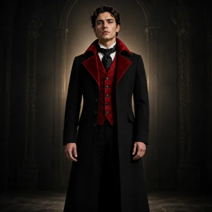 Mens Gothic Vampire Coat, Black Victorian Frock Tailcoat, Halloween Wedding Formal Suit