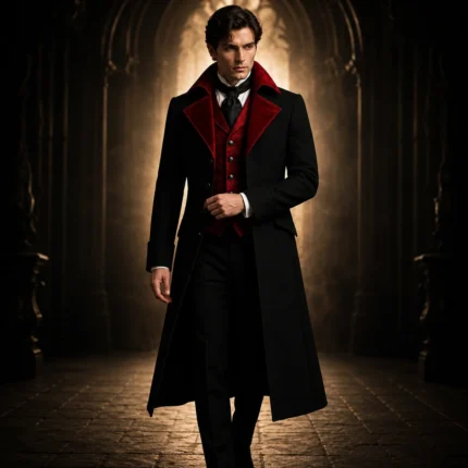 Mens Gothic Vampire Coat, Black Victorian Frock Tailcoat, Halloween Wedding Formal Suit