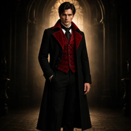 Mens Gothic Vampire Coat, Black Victorian Frock Tailcoat, Halloween Wedding Formal Suit