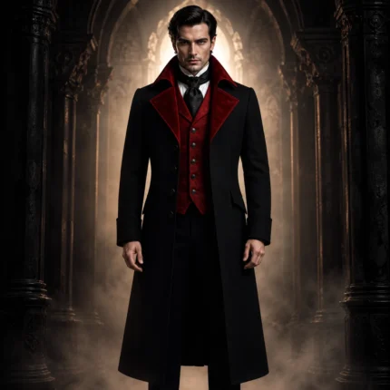Mens Gothic Vampire Coat, Black Victorian Frock Tailcoat, Halloween Wedding Formal Suit