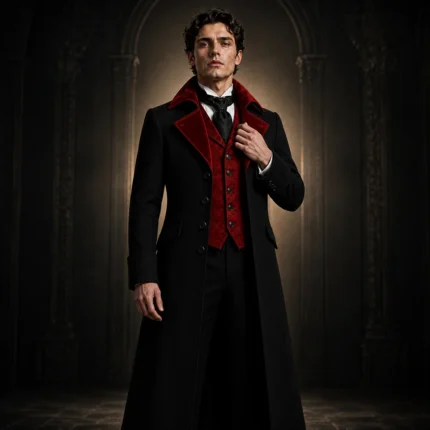 Mens Gothic Vampire Coat, Black Victorian Frock Tailcoat, Halloween Wedding Formal Suit
