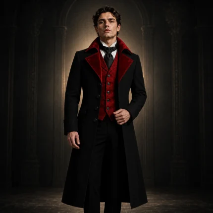 Mens Gothic Vampire Coat, Black Victorian Frock Tailcoat, Halloween Wedding Formal Suit