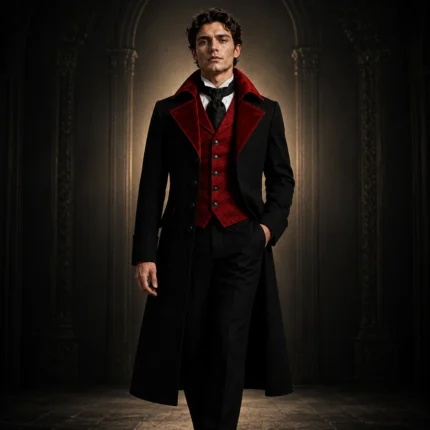 Mens Gothic Vampire Coat, Black Victorian Frock Tailcoat, Halloween Wedding Formal Suit