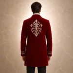 Mens Gothic Wedding Coat, Red Wool Embroidered Tailcoat, Victorian Groom Jacket, Luxury Formal Wear