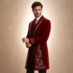 Mens Gothic Wedding Coat, Red Wool Tailcoat Jacket, Silver Baroque Embroidered Suit, Victorian Groom Outfit