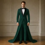 Mens Green Tuxedo With Long Train, Luxury Wedding Suit, Prom Reception Outfit