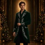 Mens Green Velvet Christmas Coat, Gothic Victorian Wedding Jacket, Embroidered Groom Suit
