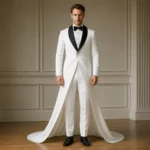 Mens Ivory Groom Suit, White Wedding Tuxedo With Train, Black Shawl Lapel Jacket, Formal Outfit