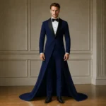 Mens Navy Wedding Tuxedo, Long Train Groom Suit, Luxury Black Lapel Reception Outfit