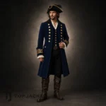 Men's Navy Wool Pirate Coat, Captain Costume Jacket, Gold Cuff Embroidery, Historical Outfit