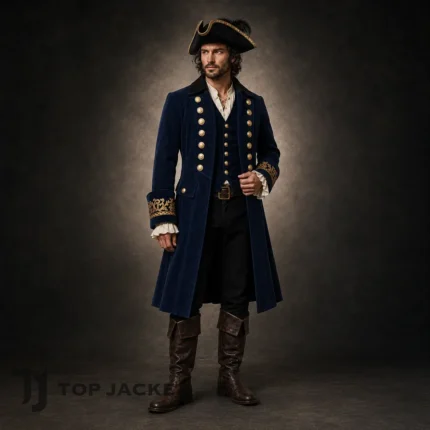Men's Navy Wool Pirate Coat, Captain Costume Jacket, Gold Cuff Embroidery, Historical Outfit