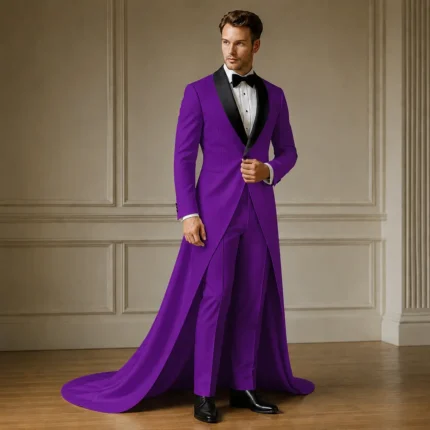 Mens Purple Tuxedo With Long Train, Luxury Wedding Suit, Prom Reception Outfit