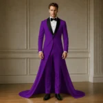 Mens Purple Wedding Tuxedo, Long Train Groom Suit, Luxury Reception Outfit