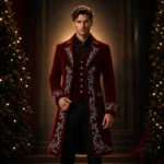 Mens Red Velvet Christmas Coat, Embroidered Holiday Blazer, Luxury Gothic Formal Jacket