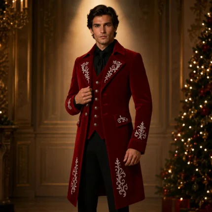 Mens Red Velvet Christmas Coat, Gothic Victorian Wedding Jacket, Embroidered Groom Suit