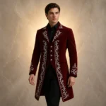 Mens Red Velvet Frock Coat, Silver Baroque Embroidered Jacket, Victorian Wedding Suit, Groom Tailcoat