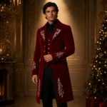 Mens Red Velvet Tailcoat, Gothic Christmas Coat, Formal Wedding Jacket
