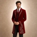 Mens Red Wool Tailcoat, Silver Baroque Embroidered Coat, Gothic Wedding Suit Jacket, Victorian Groom Outfit