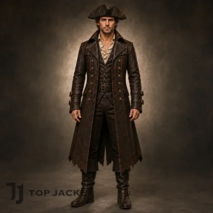 Men's Renaissance Pirate Coat, Brown Leather Buccaneer Jacket, Steampunk Frock Coat, Captain Cosplay Outfit