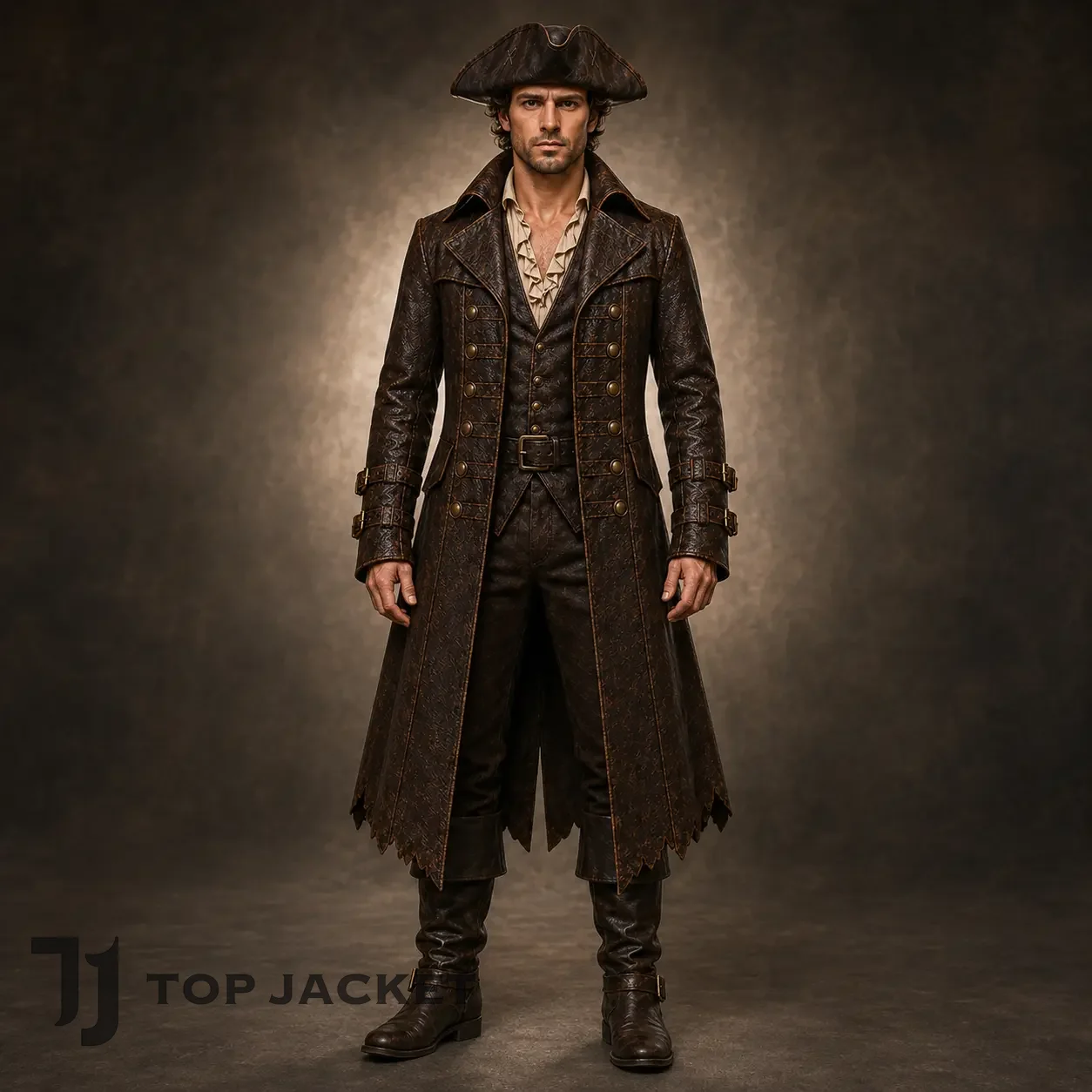 Men's Renaissance Pirate Coat, Brown Leather Buccaneer Jacket, Steampunk Frock Coat, Captain Cosplay Outfit Men's Renaissance Pirate Coat, Brown Leather Buccaneer Jacket, Steampunk Frock Coat, Captain Cosplay Outfit