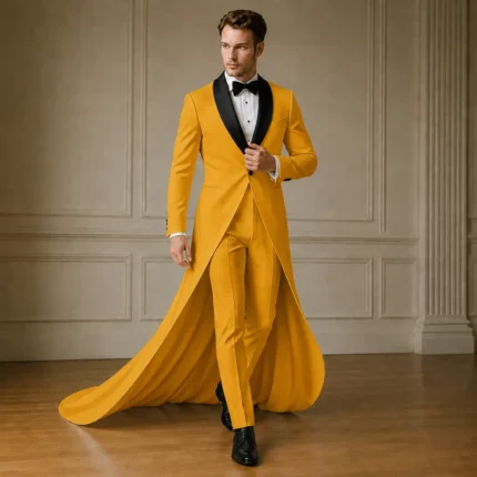 Mustard Yellow Wedding Tuxedo for Men, Long Train Groom Suit, Black Lapel Formal Wear