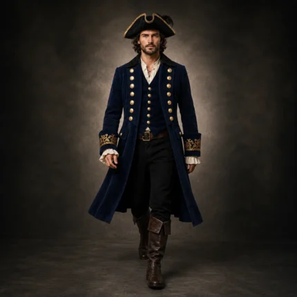 Navy Blue Captain Coat Men, Pirate Costume Jacket, Victorian Ringmaster Outfit, Renaissance Wear