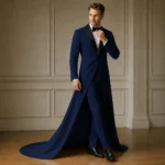 Navy Blue Groom Tuxedo With Train, Mens Wedding Suit, Black Shawl Lapel Formal Outfit