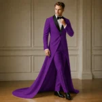 Purple Groom Tuxedo With Train, Mens Wedding Suit, Black Shawl Lapel Formal Outfit