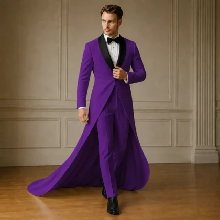 Purple Tailcoat Tuxedo for Men, Custom Groom Suit, Black Lapel Formal Wedding Outfit