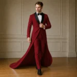Red Groom Tuxedo With Train, Mens Wedding Suit, Black Shawl Lapel Tux, Luxury Reception Outfit