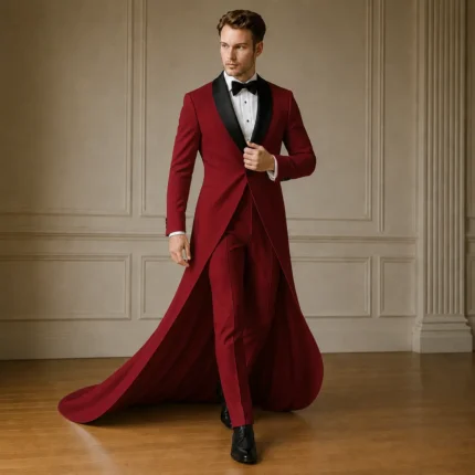 Red Groom Tuxedo With Train, Mens Wedding Suit, Black Shawl Lapel Tux, Luxury Reception Outfit