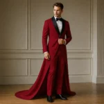 Red Tuxedo Wedding Suit, Mens Long Train Groom Outfit, Black Lapel Formal Wear, Custom Tux