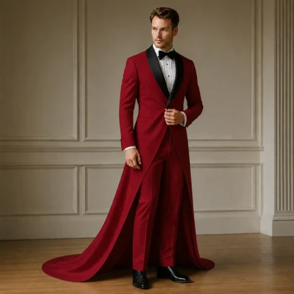 Red Tuxedo Wedding Suit, Mens Long Train Groom Outfit, Black Lapel Formal Wear, Custom Tux