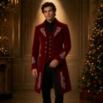 Red Velvet Groom Coat Men, Christmas Wedding Suit, Victorian Tuxedo Jacket