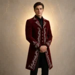 Red Velvet Tuxedo Coat, Mens Embroidered Wedding Jacket, Victorian Groom Suit, Gothic Formal Outfit