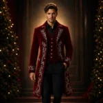 Red Velvet Victorian Coat Men, Embroidered Groom Jacket, Luxury Christmas Formal WearRed Velvet Victorian Coat Men, Embroidered Groom Jacket, Luxury Christmas Formal Wear