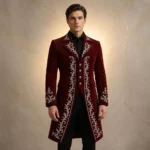 Red Velvet Wedding Coat for Men, Embroidered Groom Jacket, Victorian Tailcoat, Luxury Formal Suit