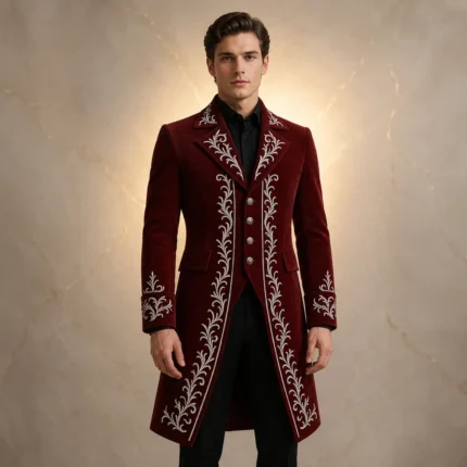 Red Velvet Wedding Coat for Men, Embroidered Groom Jacket, Victorian Tailcoat, Luxury Formal Suit