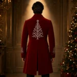 Red Victorian Wedding Coat Men, Christmas Groom Outfit, Embroidered Tailcoat