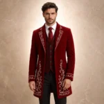 Red Wool Tuxedo Coat for Men, Victorian Wedding Jacket, Silver Embroidery Groom Suit, Formal Tailcoat