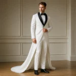 White Groom Tuxedo With Train, Mens Wedding Suit, Black Shawl Lapel Tux, Luxury Reception Outfit