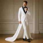 White Tuxedo Wedding Suit, Mens Long Train Groom Outfit, Black Lapel Formal Wear, Custom Tux