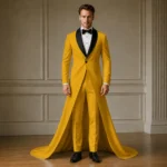 Yellow Groom Tuxedo With Train, Mens Wedding Suit, Black Shawl Lapel Tux, Luxury Formal Outfit