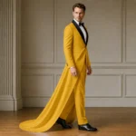 Yellow Tuxedo Wedding Suit, Mens Long Train Groom Outfit, Black Shawl Lapel Formal Tux