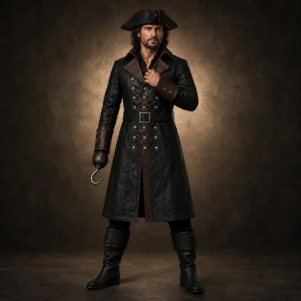 Black Captain Hook Costume Men, Leather Pirate Coat, Gothic Buccaneer Jacket, Cosplay Outfit