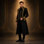 Black Gold Military Jacket, Mens Parade Tailcoat, Victorian Officer Costume