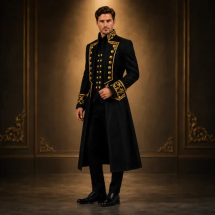 Black Gold Military Jacket, Mens Parade Tailcoat, Victorian Officer Costume