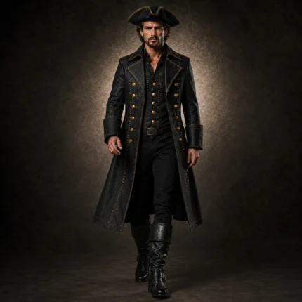Black Denim Pirate Coat for Men, Gothic Buccaneer Jacket, Captain Costume, Halloween Cosplay Coat
