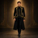 Black Military Parade Outfit, Mens Gold Embroidered Coat, Gothic Costume